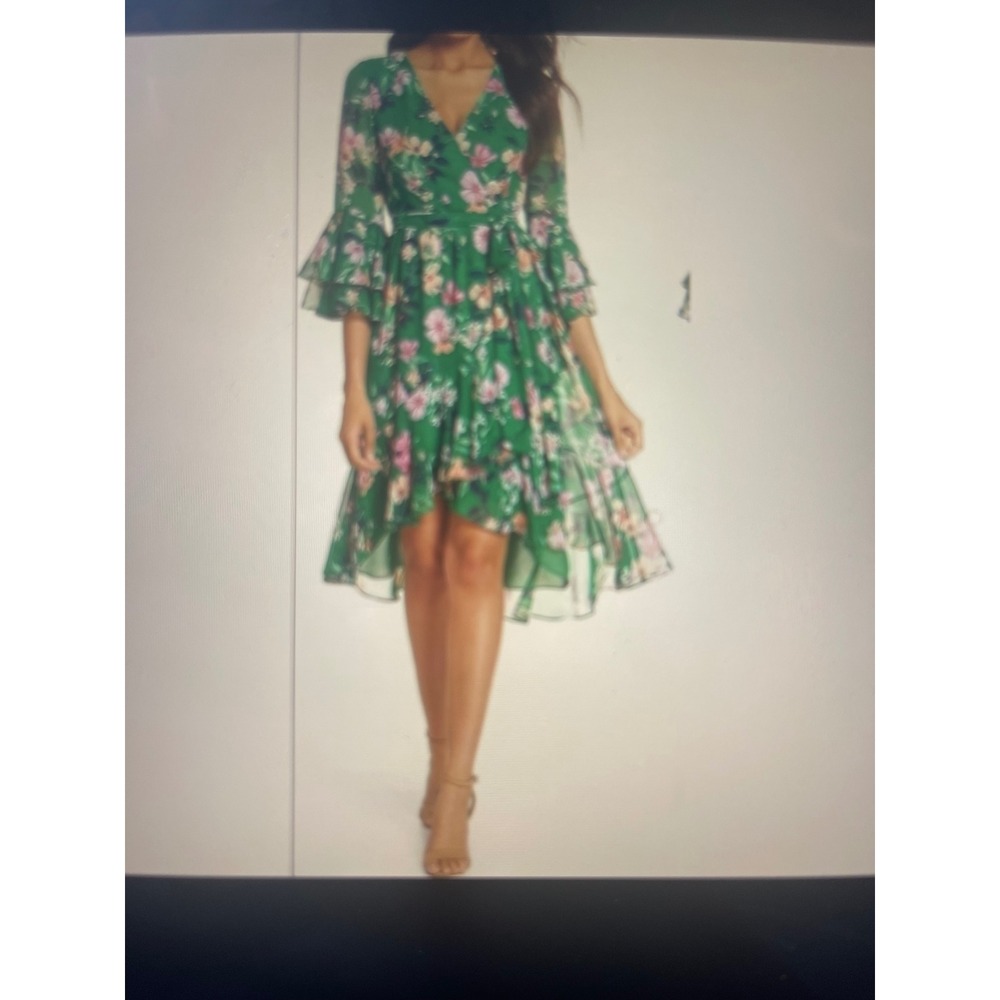 Eliza J Green Floral Chiffon Bell Sleeve High Low Wrap Dress Size 4